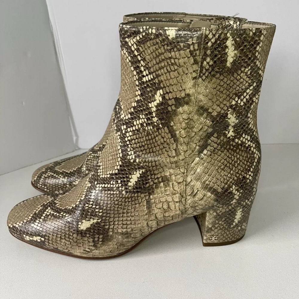 Sam Edelman Cream and Brown Ankle Boots with Chunky Heel and Snakeskin Pattern
